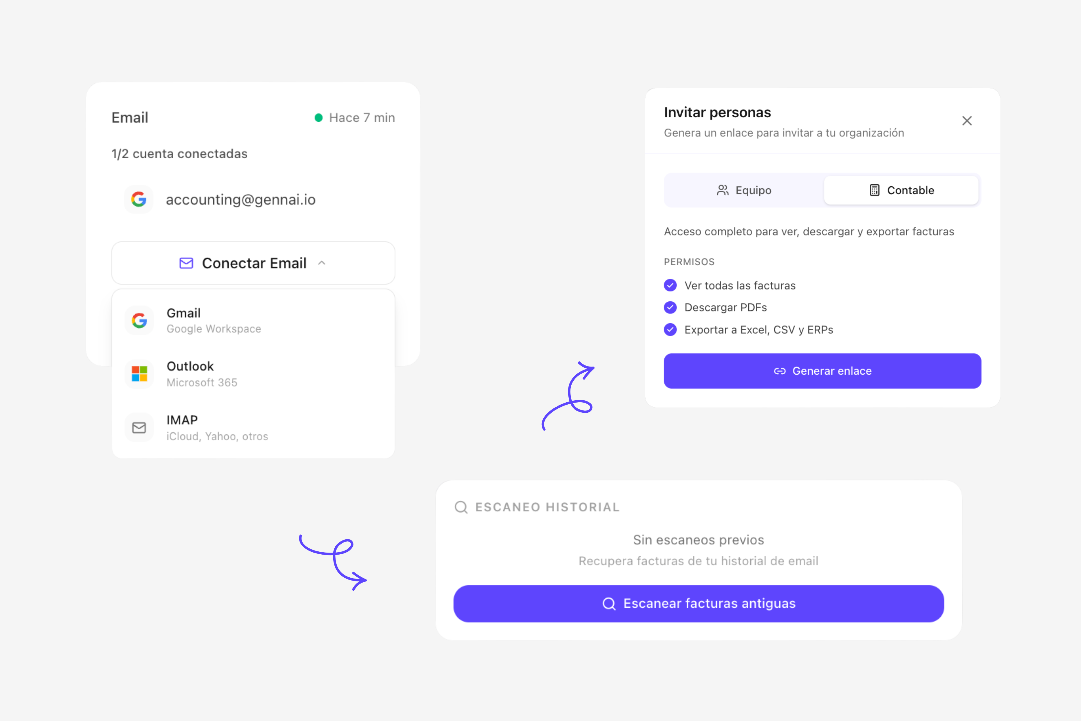 Panel de Gennai mostrando facturas de proveedores capturadas automáticamente desde Gmail y Outlook con datos extraídos por IA