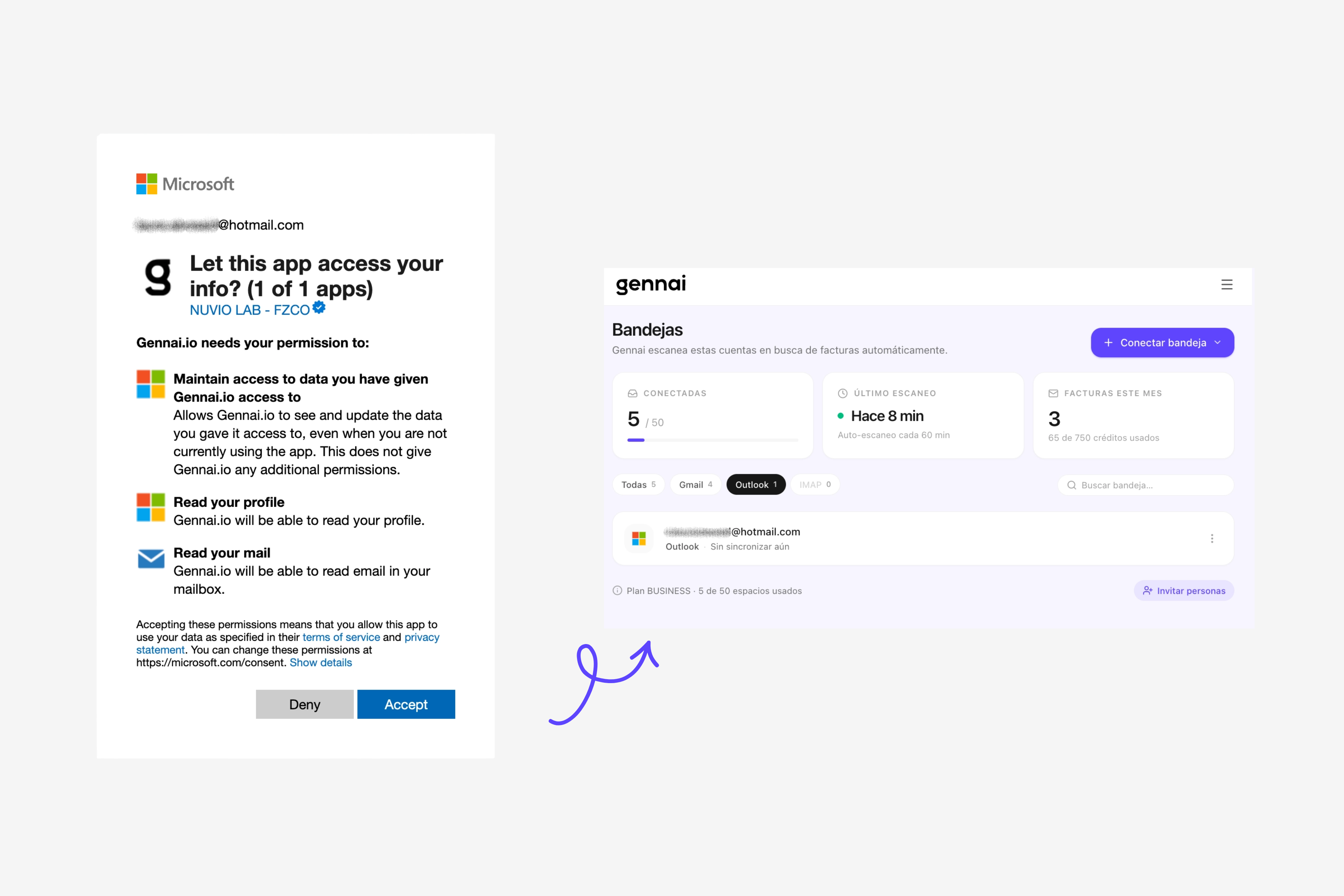 Pantalla de autorización OAuth 2.0 de Microsoft al conectar una cuenta de Outlook 365 con Gennai
