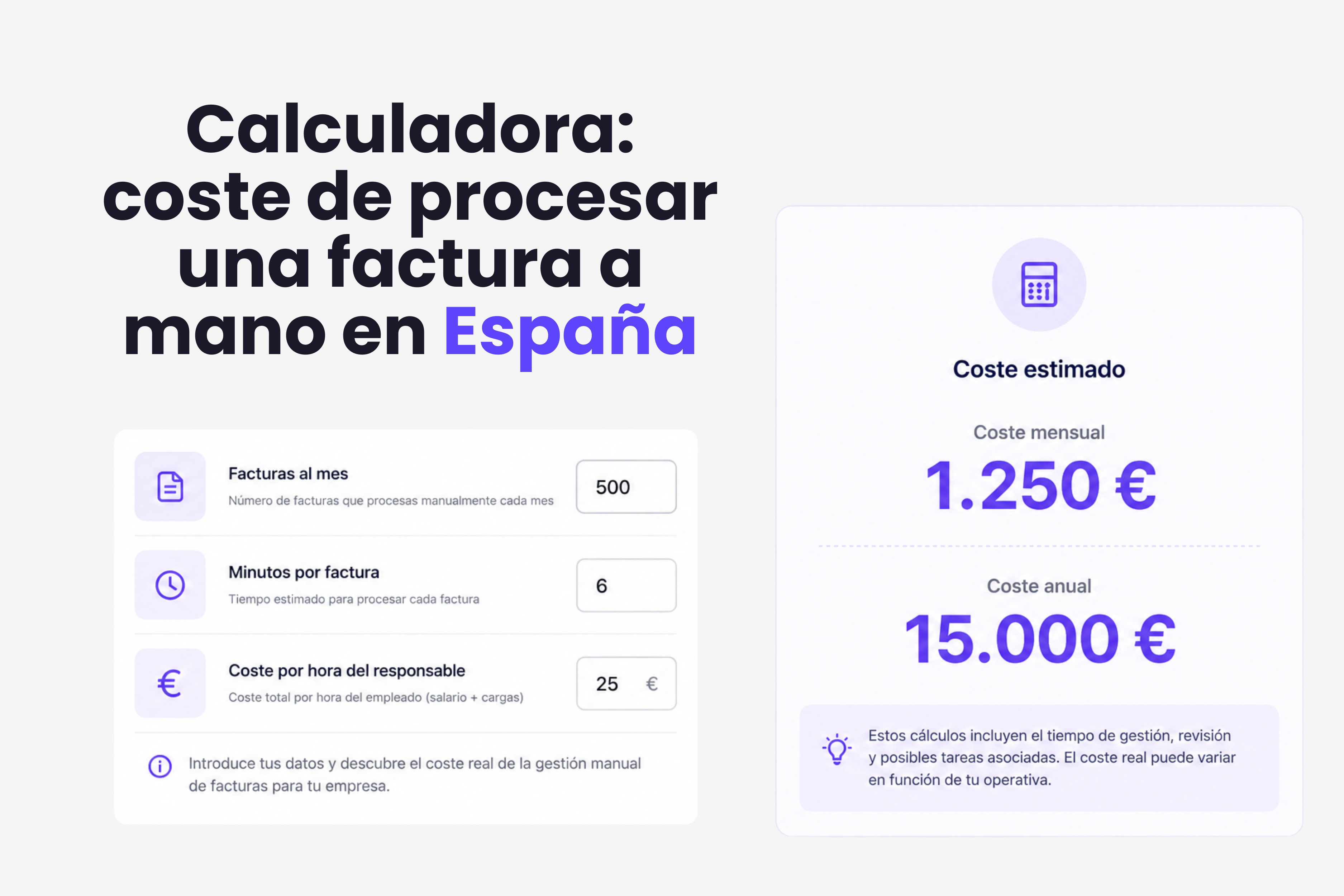 Calculadora del coste de procesar una factura a mano en España con campos de volumen, tiempo y coste por hora