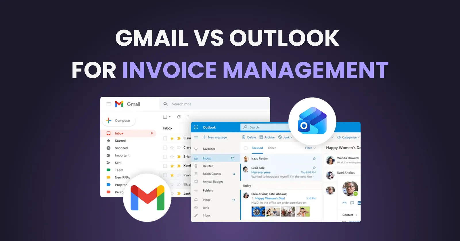 Gmail and Outlook logos comparing email platforms for invoice management