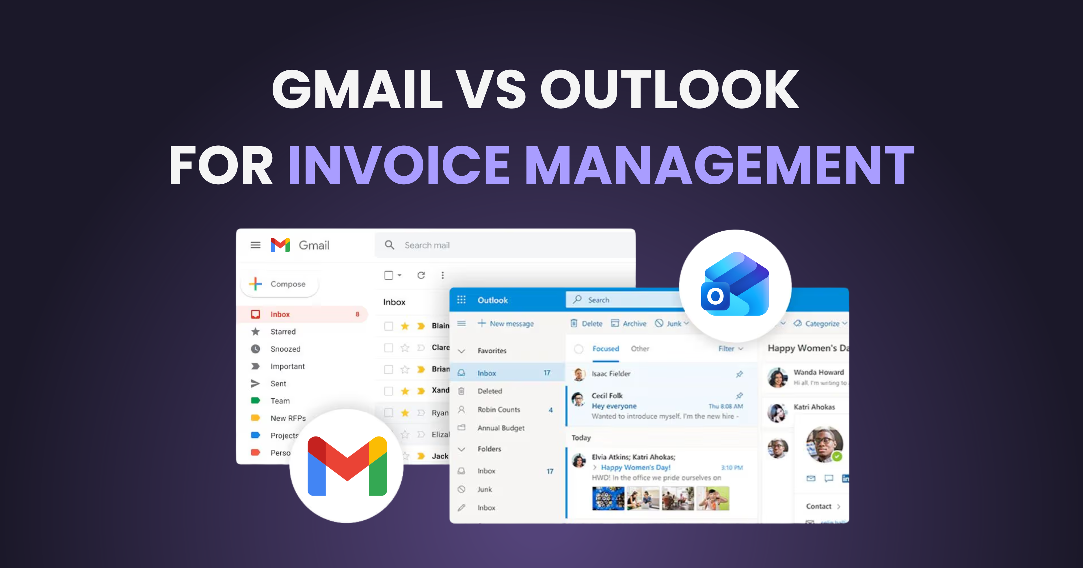 Gmail and Outlook logos comparing email platforms for invoice management