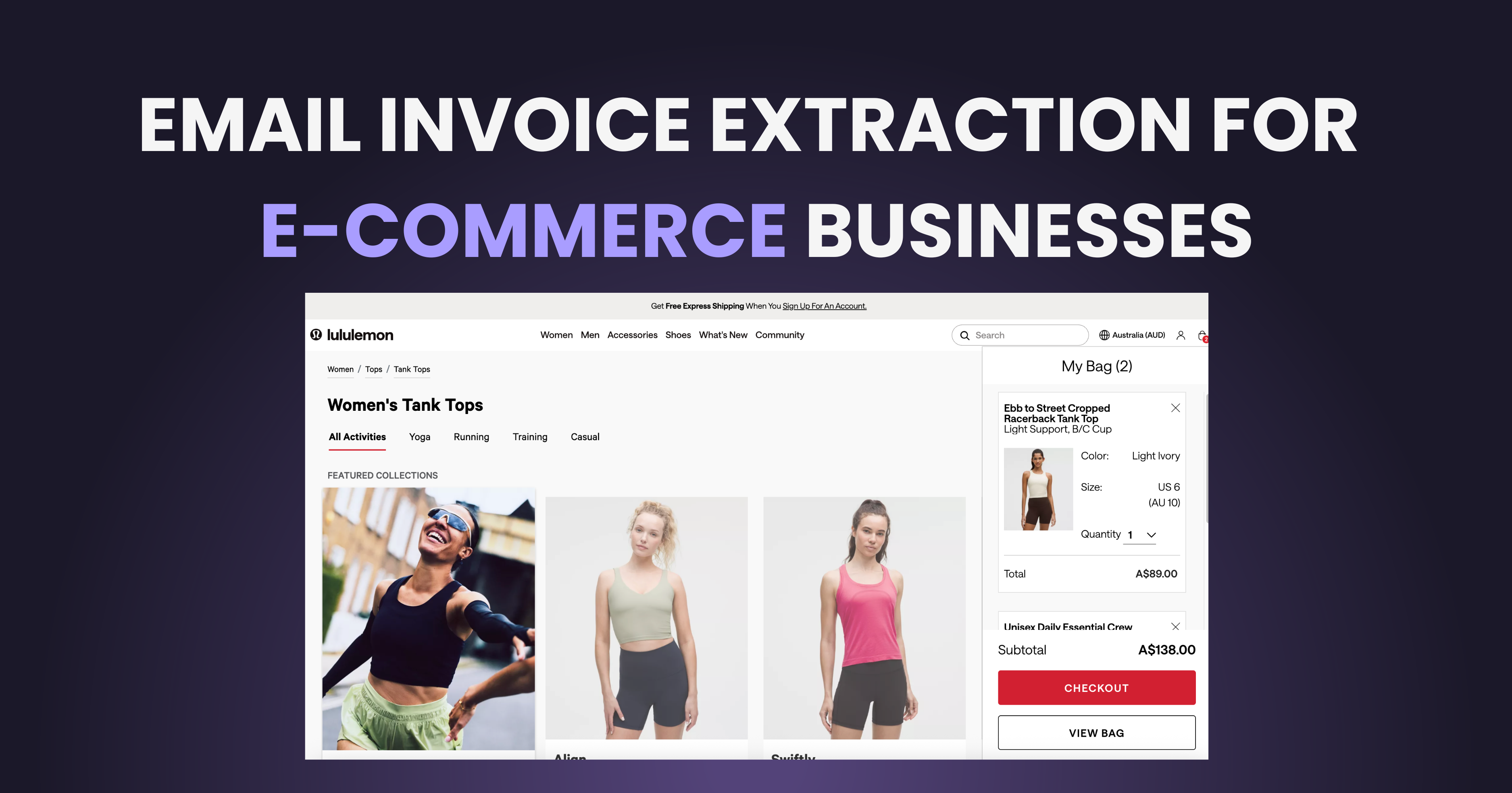 Email invoice extraction dashboard for e-commerce businesses showing online store checkout and order management