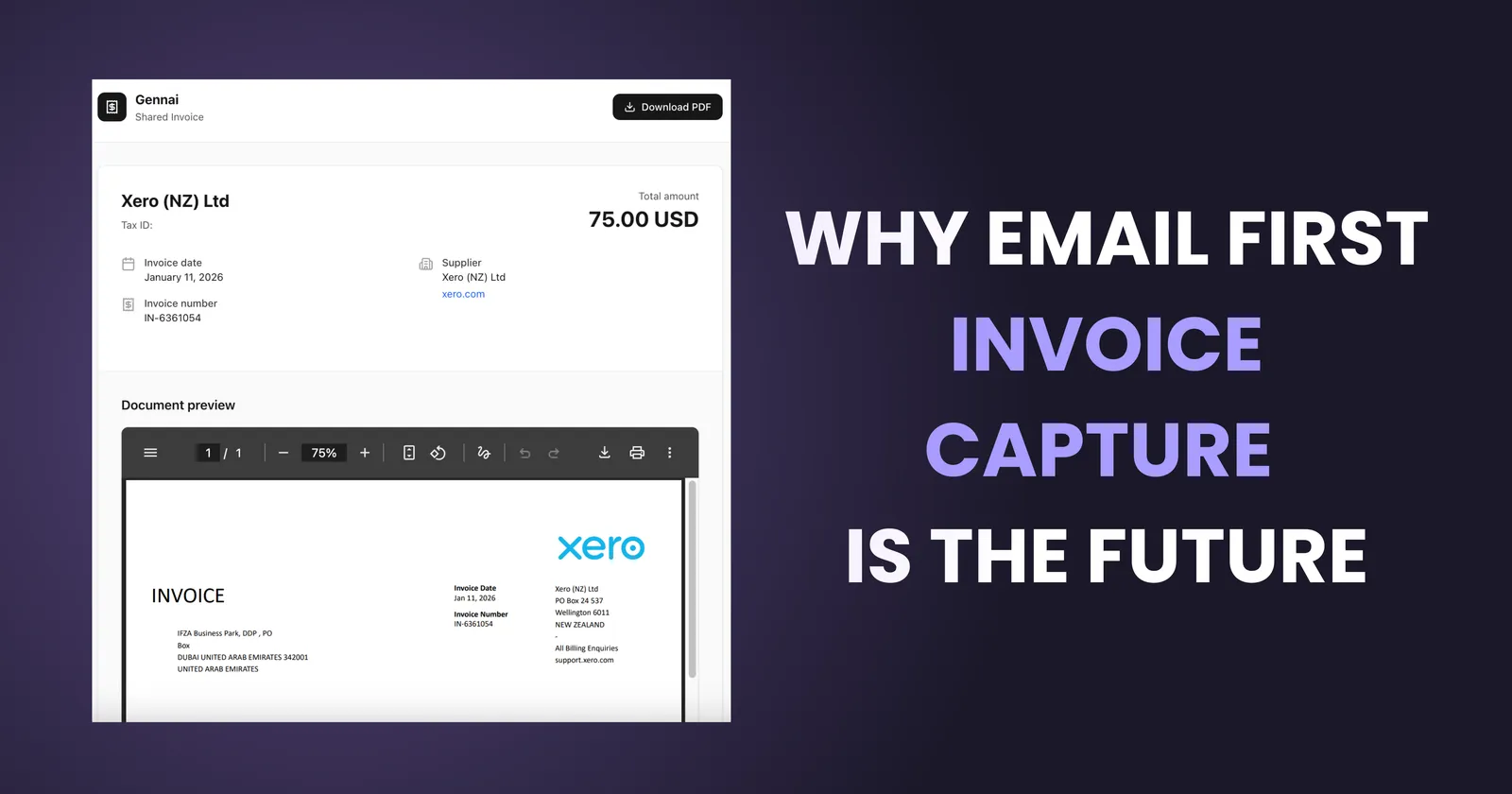 Email first invoice capture system showing Gennai dashboard with Xero invoice preview demonstrating automated workflow