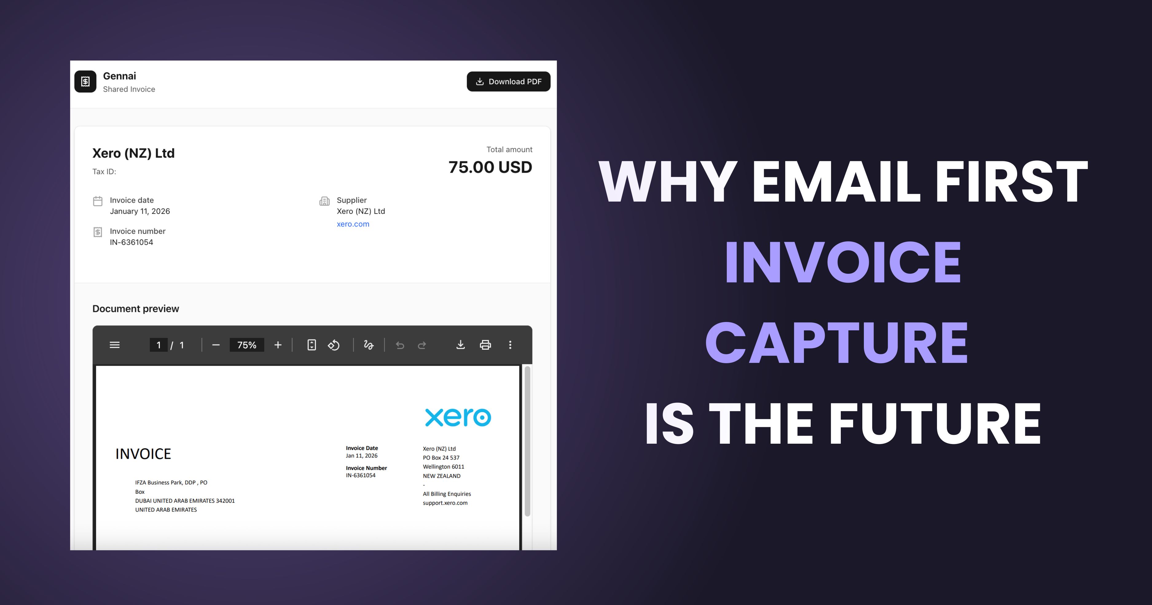 Email first invoice capture system showing Gennai dashboard with Xero invoice preview demonstrating automated workflow