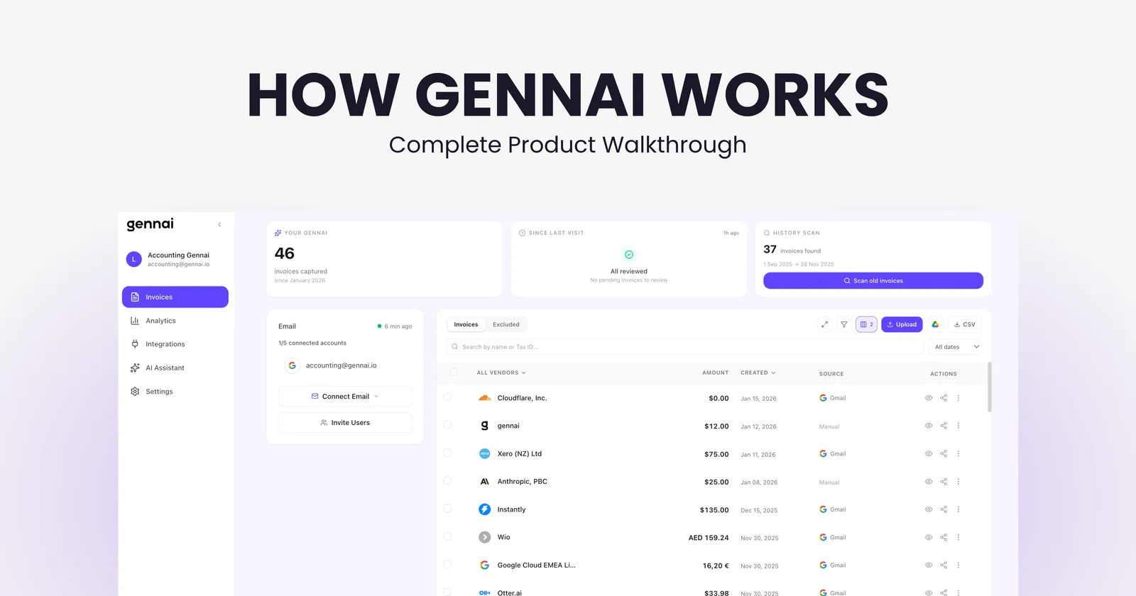Gennai invoice dashboard showing unified inbox view, search, filters, and extracted invoice data