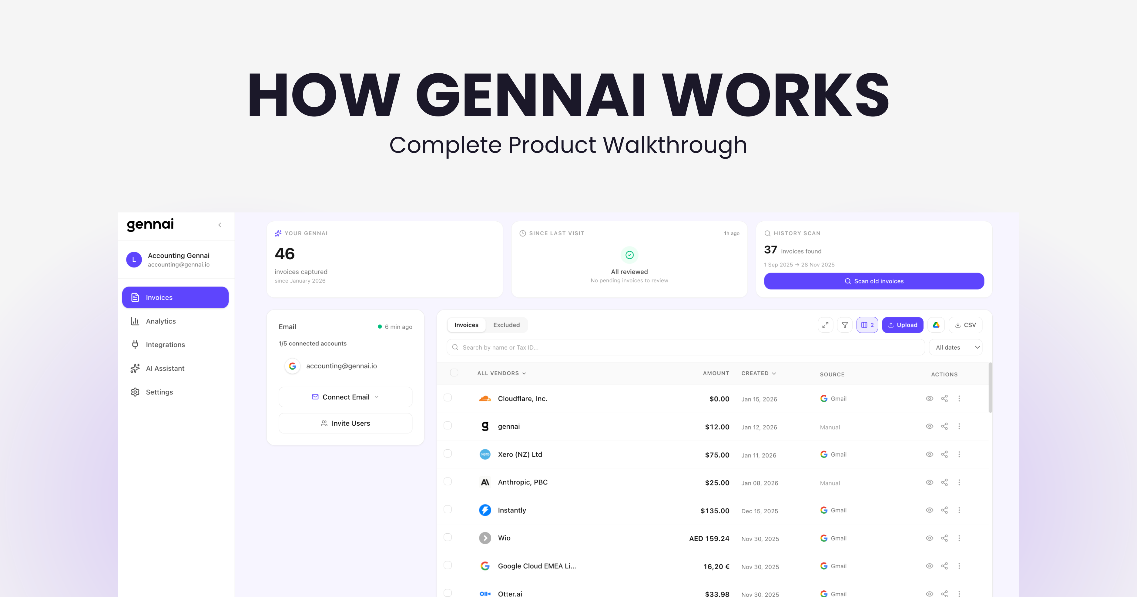Gennai invoice dashboard showing unified inbox view, search, filters, and extracted invoice data