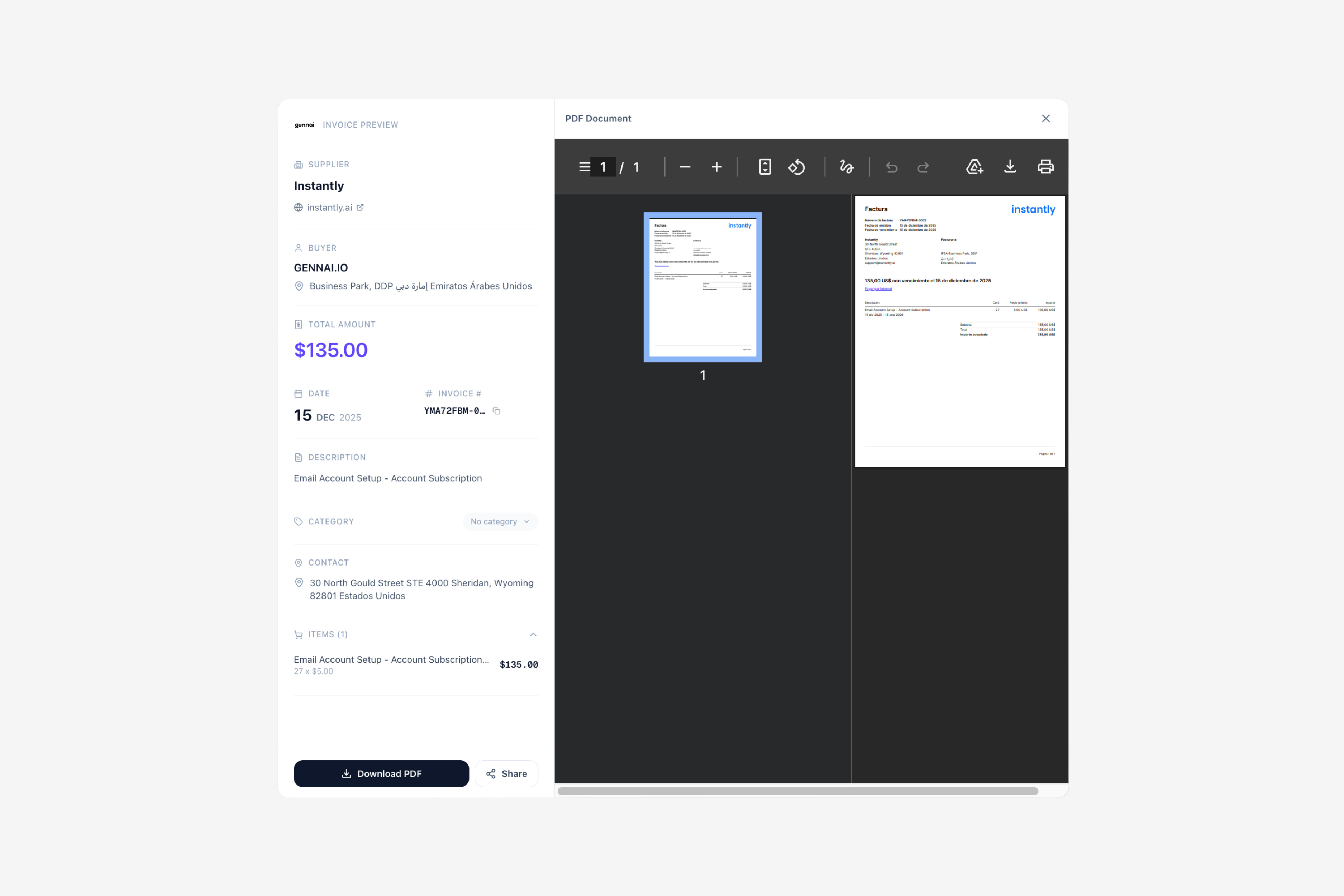 Gennai dashboard showing extracted invoice fields ready for accountant review, including vendor, amount, date and export to Xero button