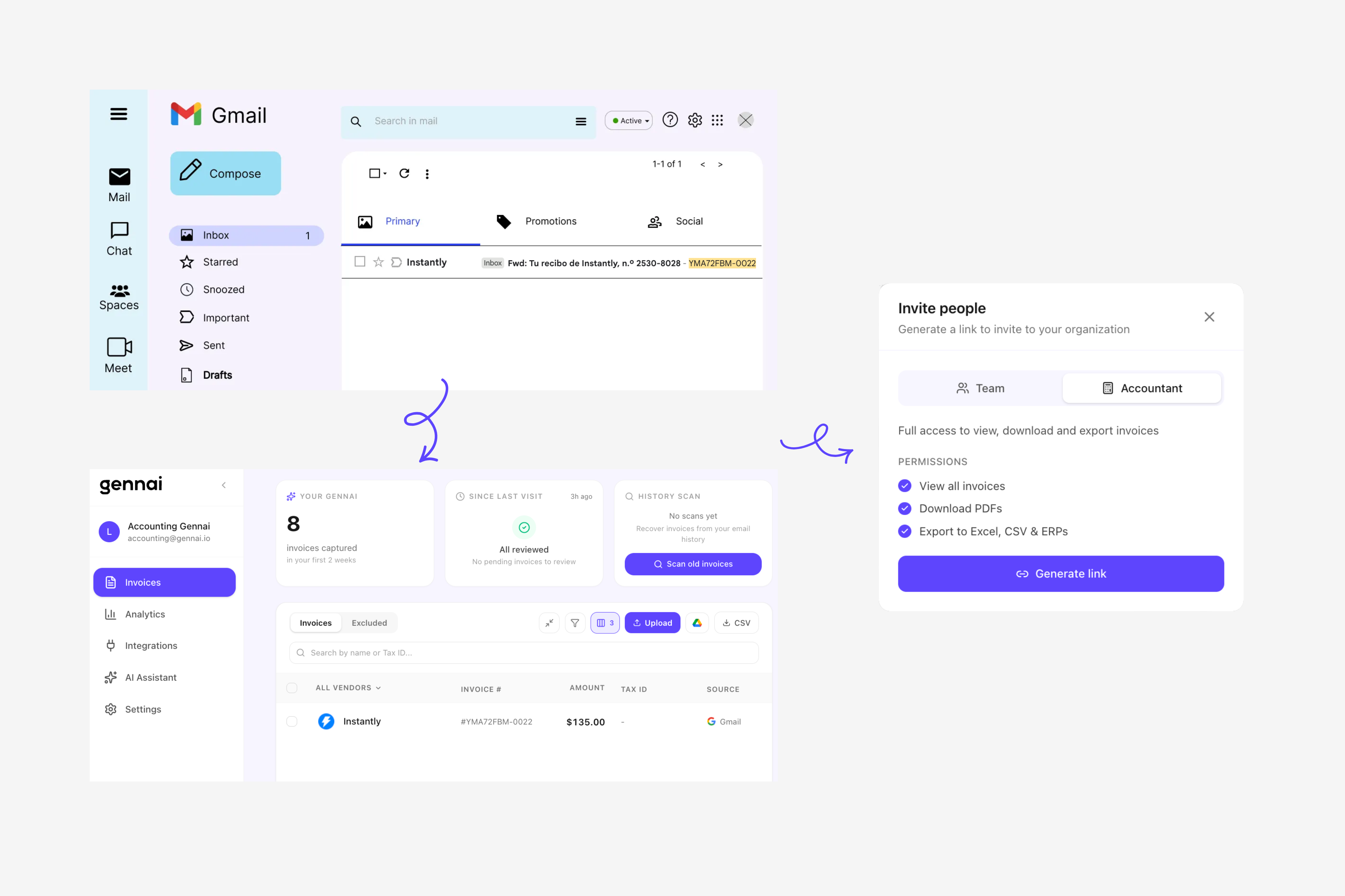 Gmail inbox showing supplier invoices being captured automatically and sent to accountant dashboard