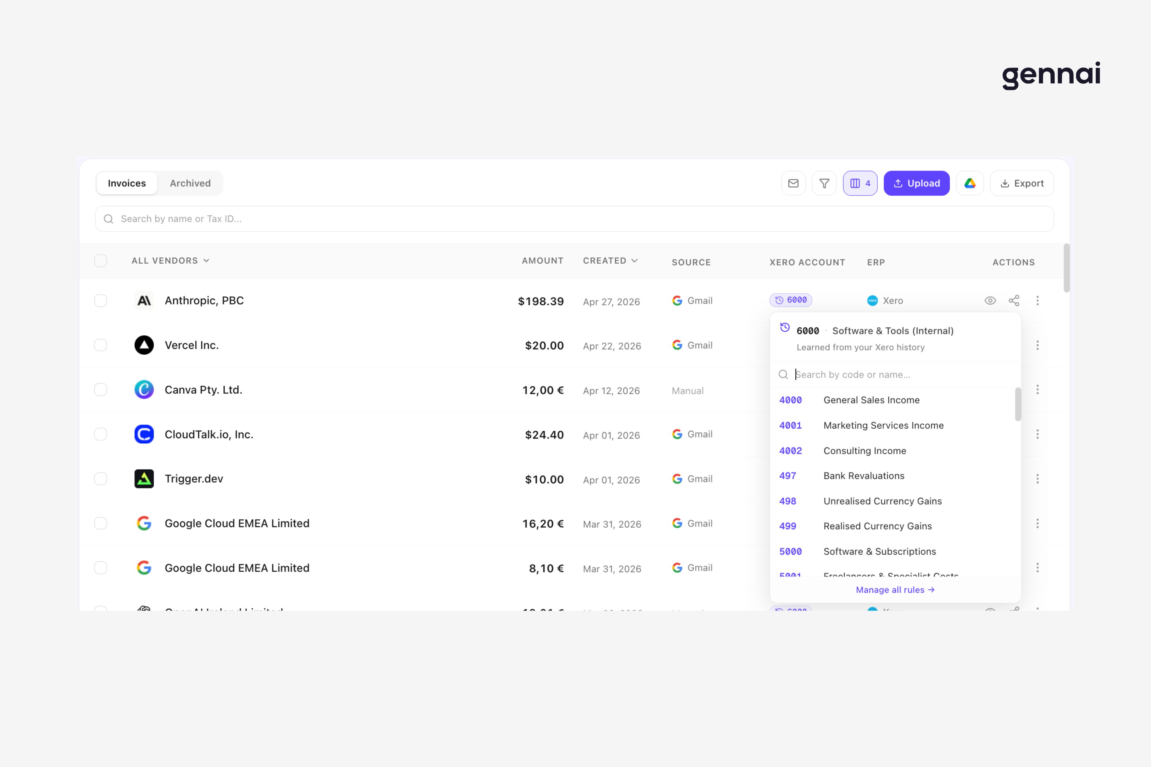 Gennai invoice dashboard with Xero account dropdown showing list of available chart of accounts codes