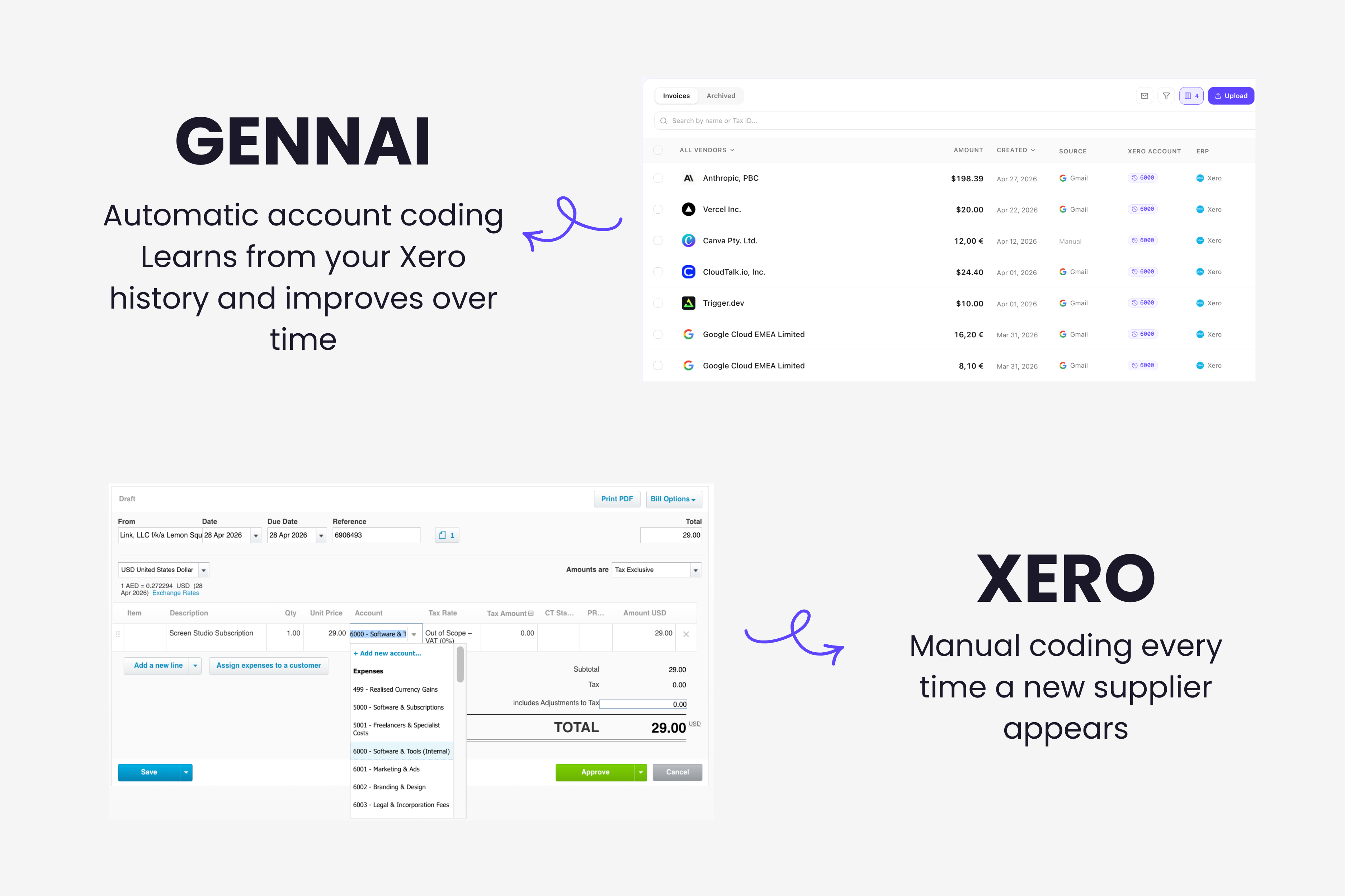 Side-by-side comparison of manual Xero account coding workflow versus AI-suggested coding in Gennai