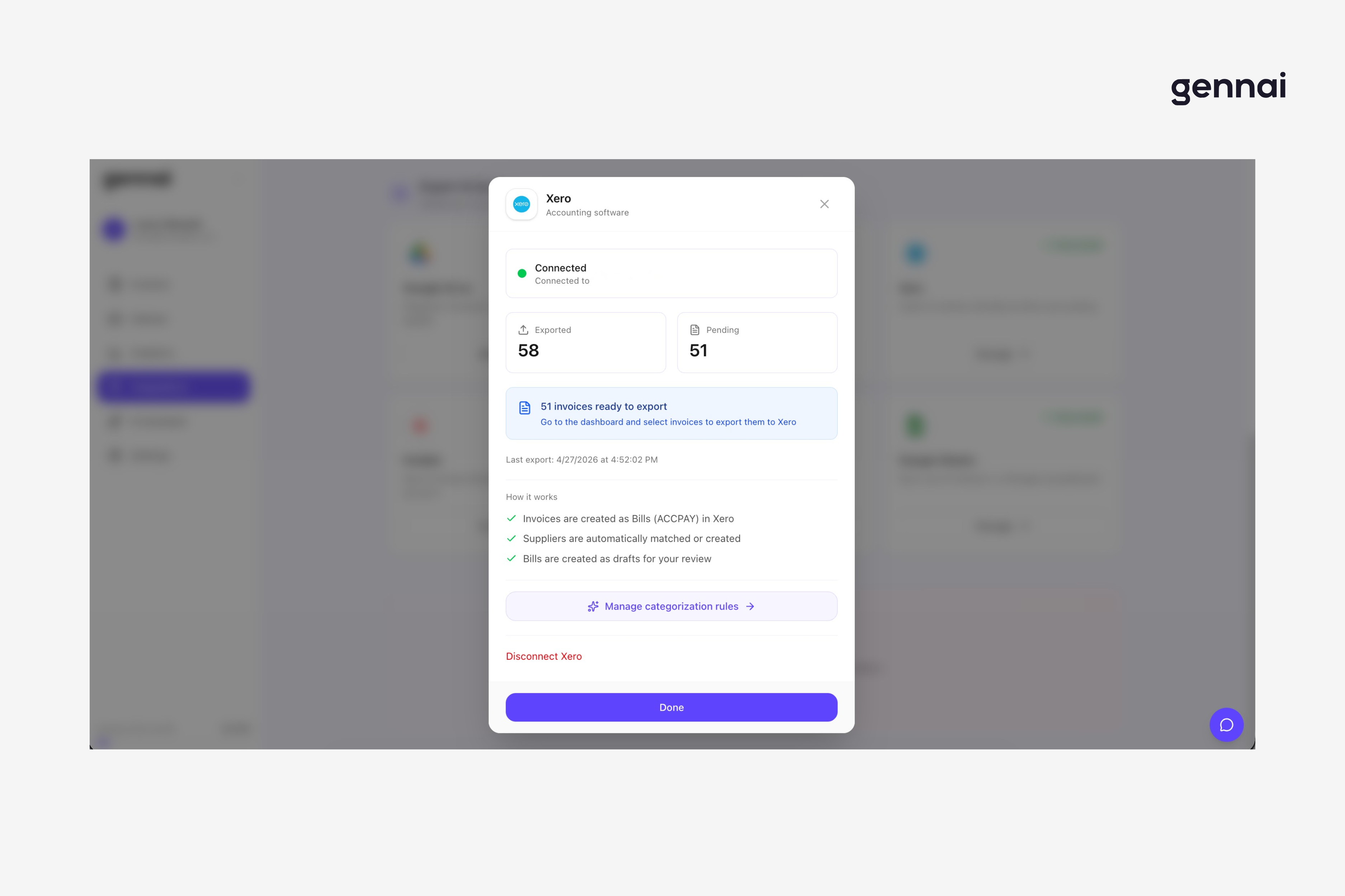 Gennai integration modal showing Xero connection status with exported and pending invoice counts