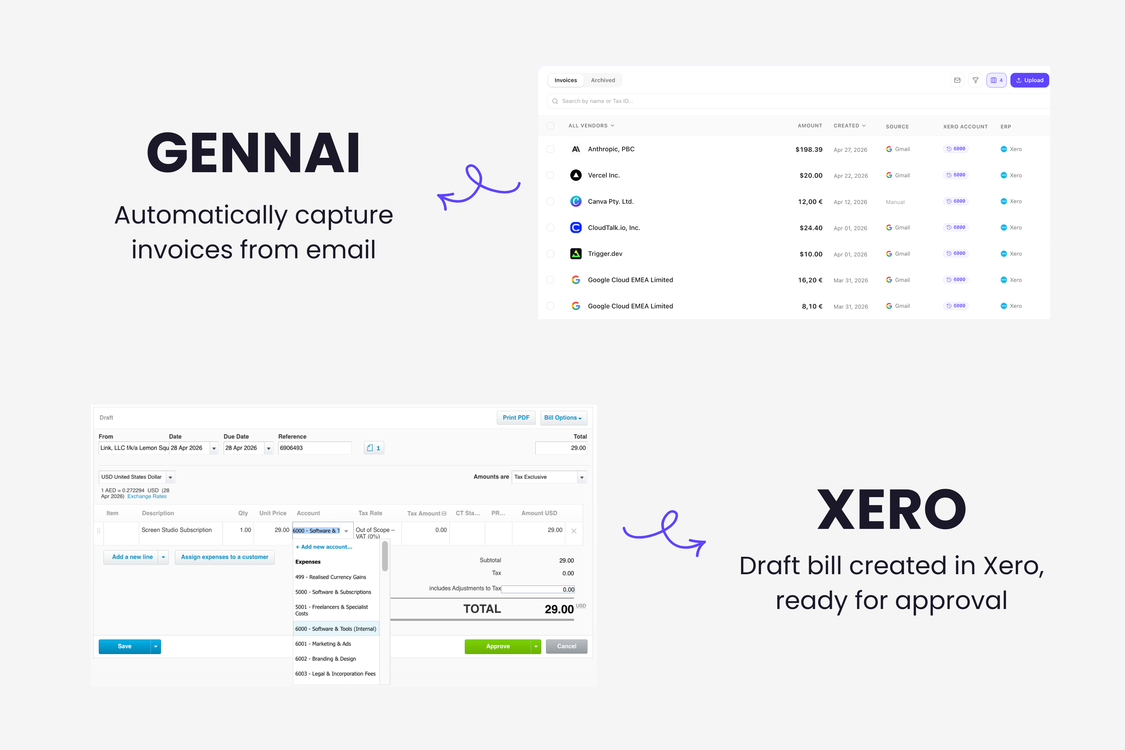 Xero bills dashboard showing invoices imported automatically from Gmail and Outlook via Gennai