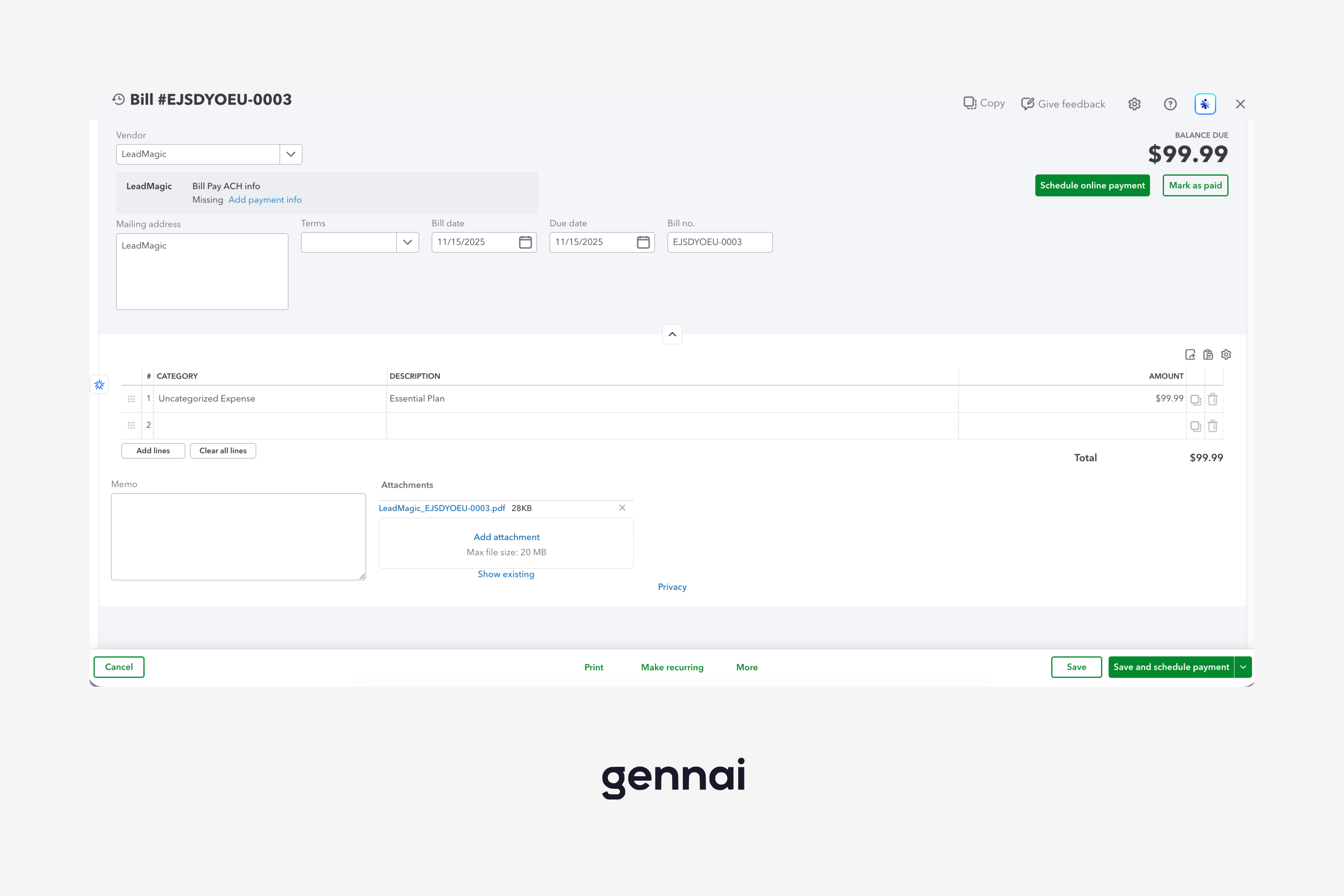 QuickBooks Online interface showing a bill imported automatically from Gmail with vendor, amount and account assigned