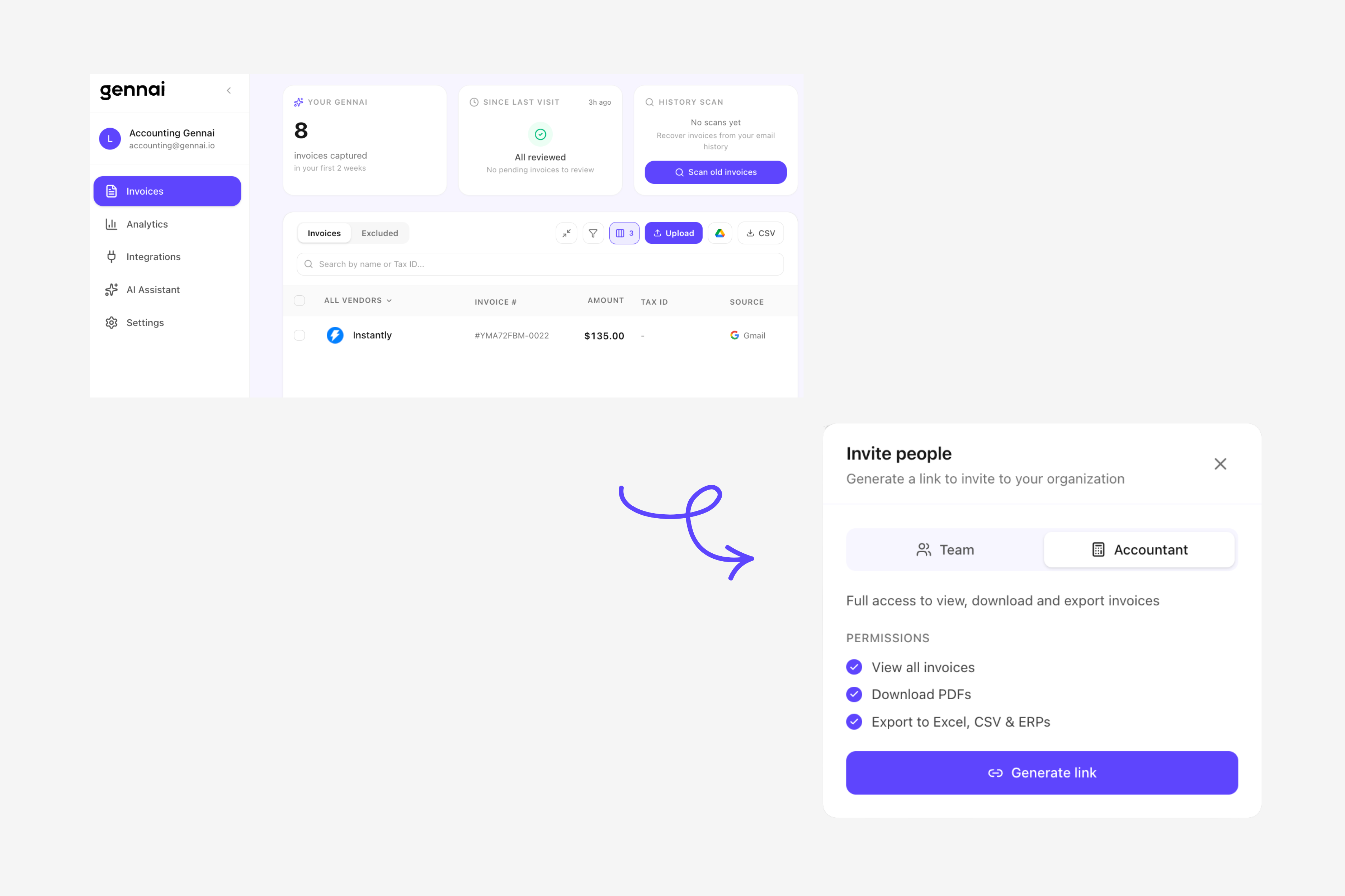 Gennai accountant portal showing shared access across multiple client accounts