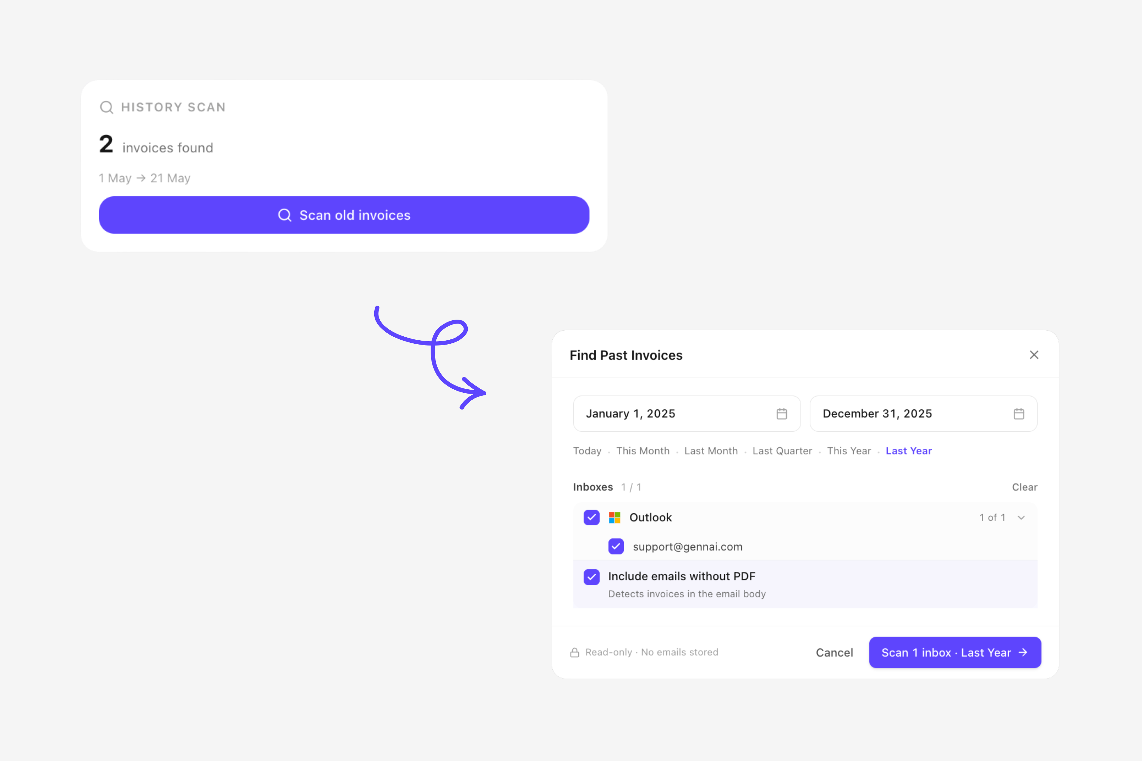 Retroactive invoice scan results in Gennai dashboard after connecting Outlook 365