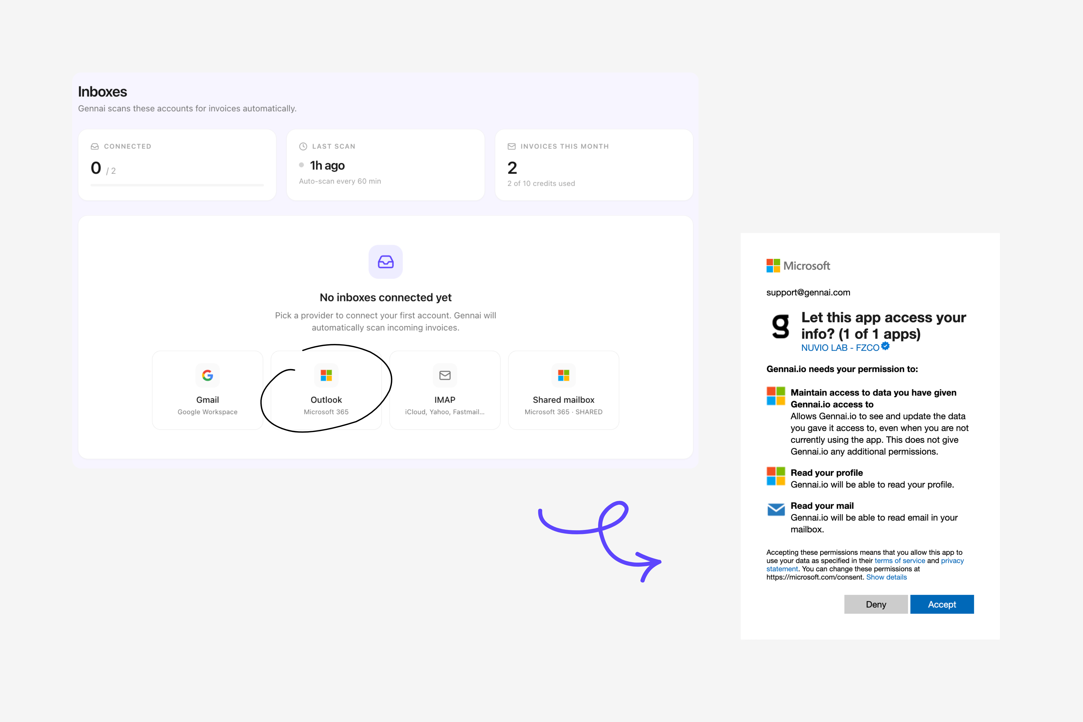 Microsoft Graph OAuth authorization screen when connecting an Outlook 365 account to Gennai
