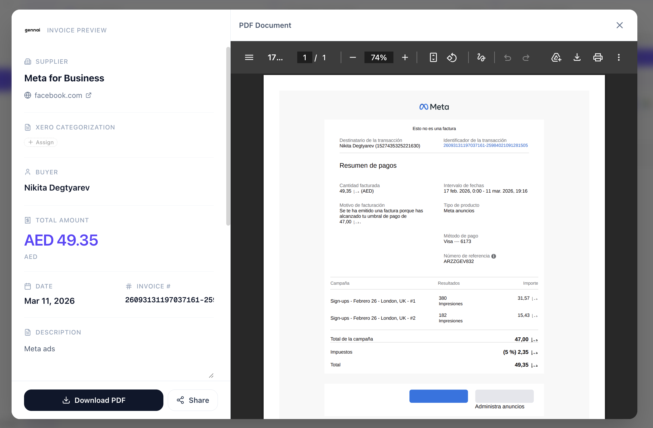 Gennai dashboard grouping recurring SaaS subscription invoices by vendor with monthly totals
