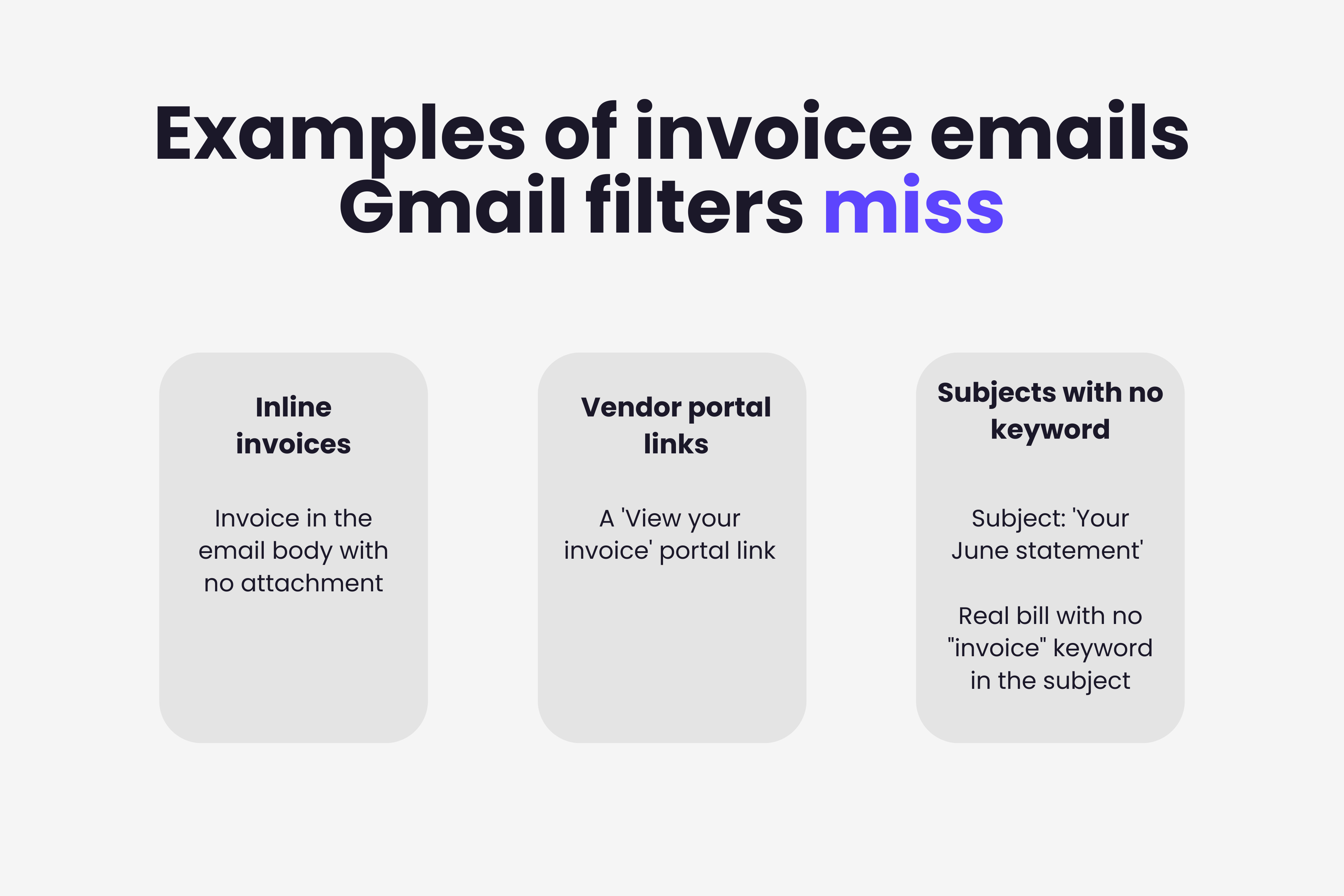 Examples of invoice emails Gmail filters miss: inline invoices, vendor portal links, and subjects with no keyword