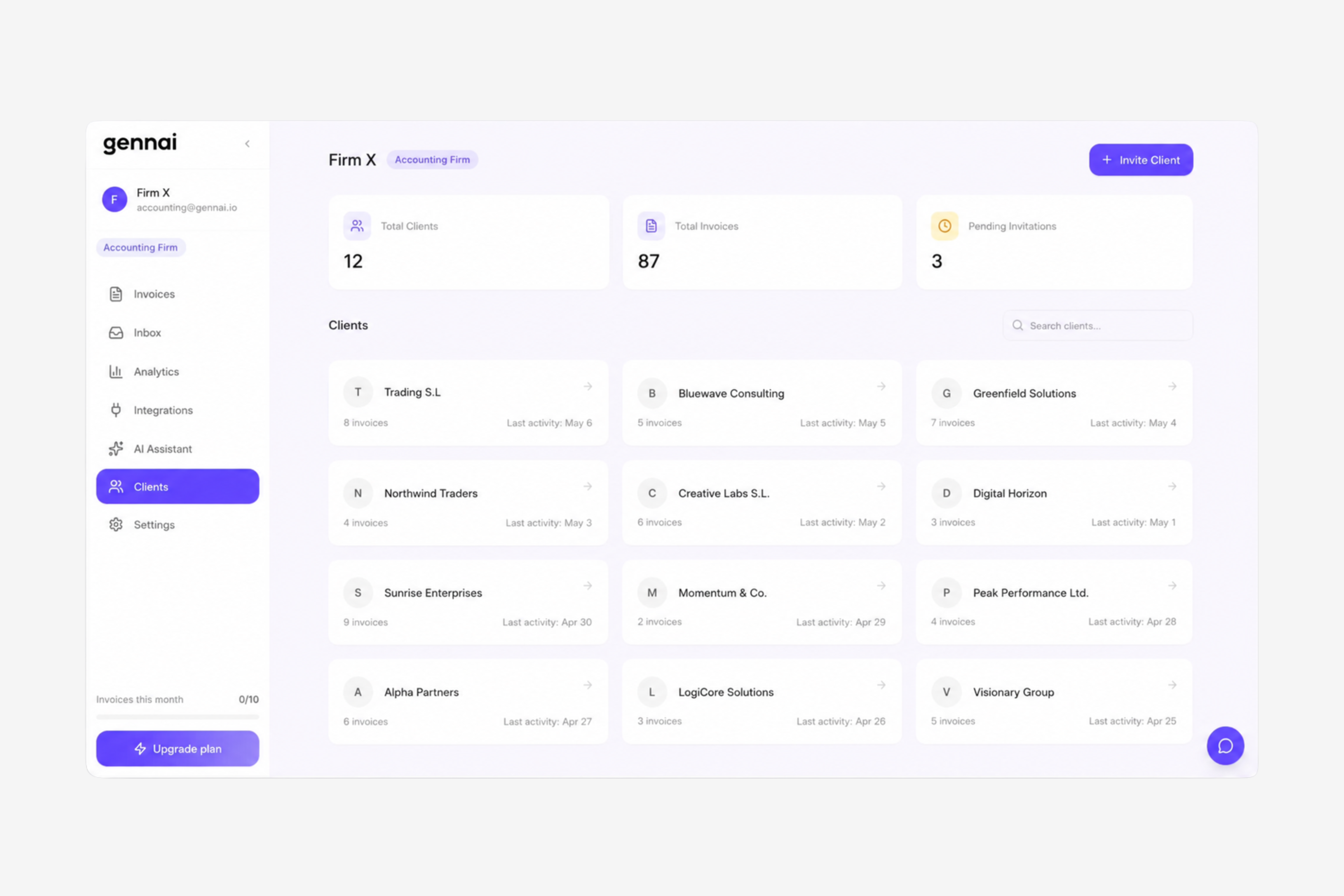Dashboard concept showing captured invoices grouped by client, each ready to export to its own accounting system